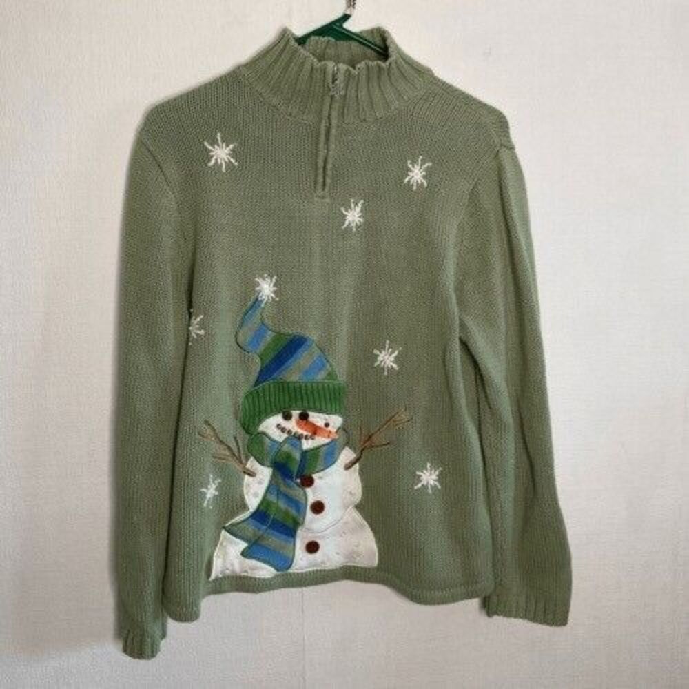 VTG Mandal Bay Women's Christmas‎ Snowman Snowflake 1/4 Zip Mock Neck Sweater  L